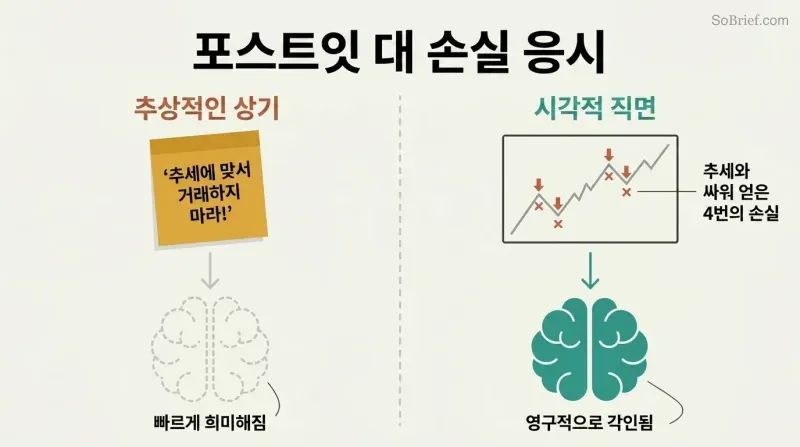 Split panel comparing a Post-it note mantra producing weak neural impact against a chart of plotted losing trades producing deep lasting behavioral change.