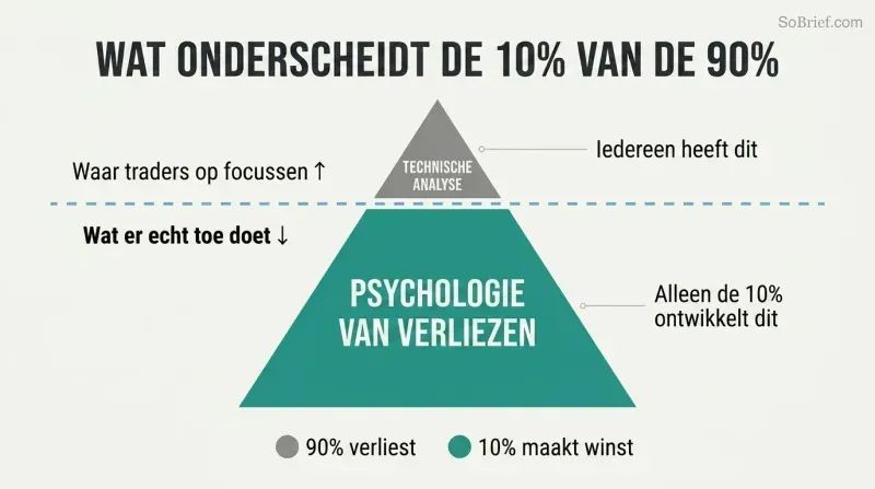 Iceberg diagram showing technical analysis as a small visible tip above water, with the much larger submerged mass representing psychology of losing as the true trading edge.