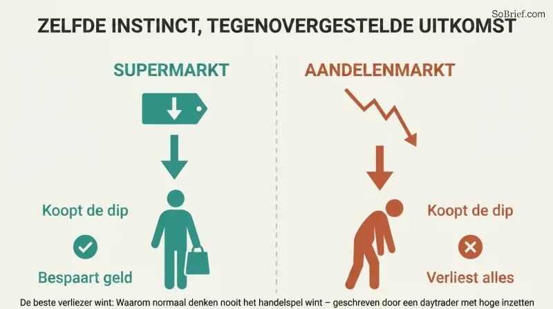 Split panel comparing a shopper saving money on a falling supermarket price with a trader losing everything on a falling stock price.