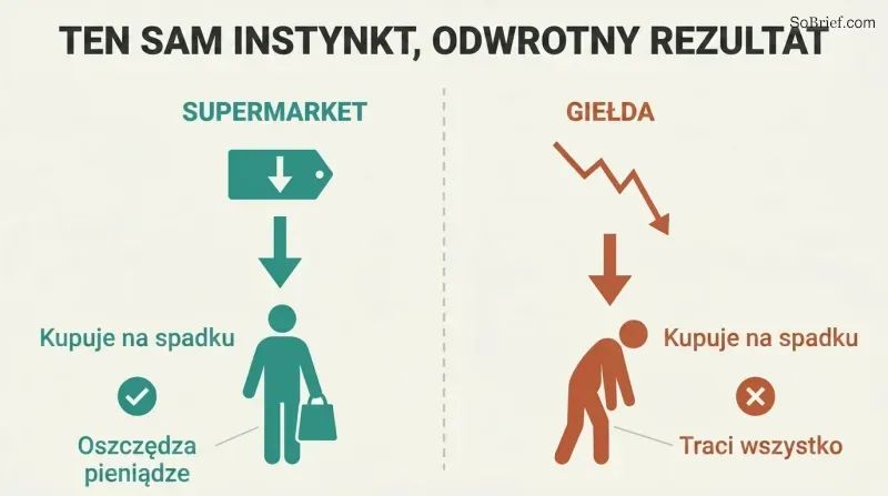 Split panel comparing a shopper saving money on a falling supermarket price with a trader losing everything on a falling stock price.
