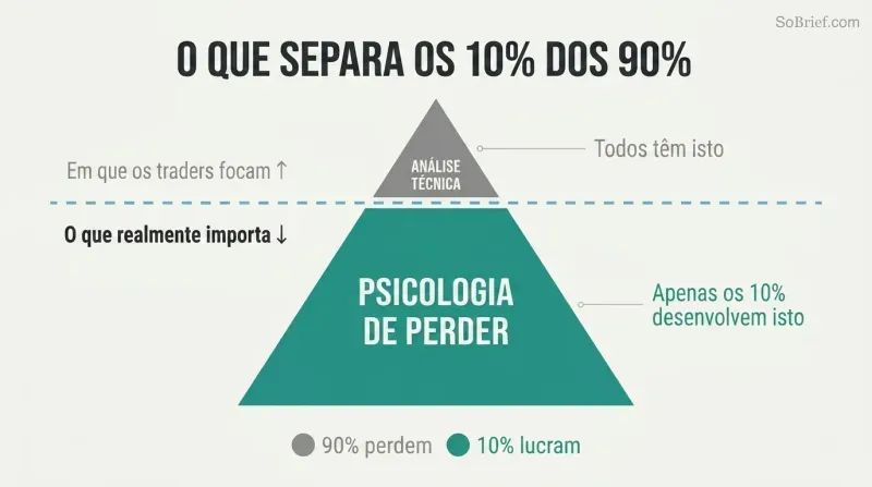Iceberg diagram showing technical analysis as a small visible tip above water, with the much larger submerged mass representing psychology of losing as the true trading edge.