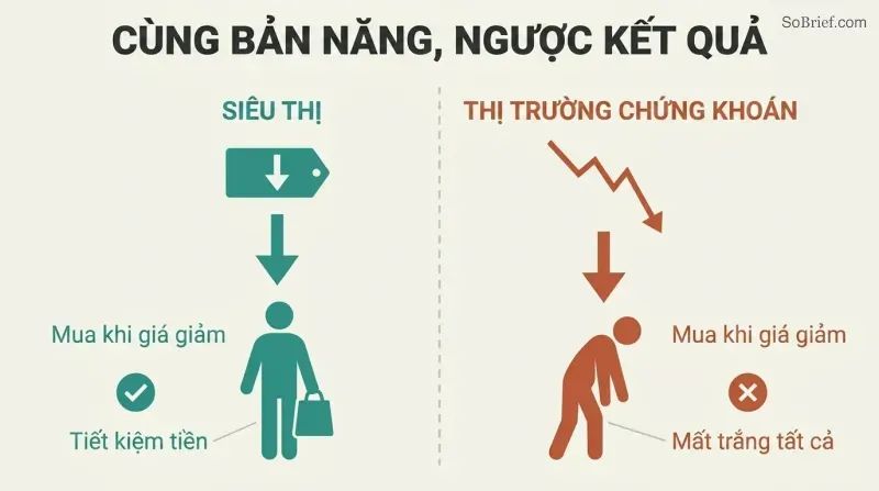 Split panel comparing a shopper saving money on a falling supermarket price with a trader losing everything on a falling stock price.