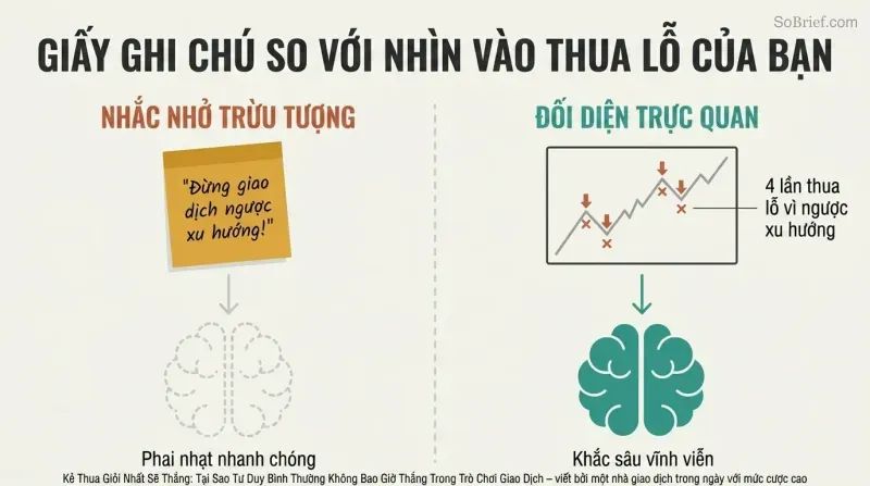 Split panel comparing a Post-it note mantra producing weak neural impact against a chart of plotted losing trades producing deep lasting behavioral change.