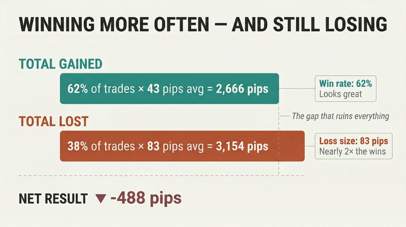 Two horizontal bars compare total pips gained versus lost, showing how small frequent wins are outweighed by fewer but larger losses, resulting in a net loss.