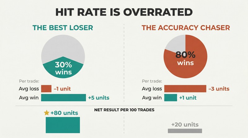 Split-panel comparison showing a 30% win-rate trader netting far more profit than an 80% win-rate trader due to superior payoff ratios.