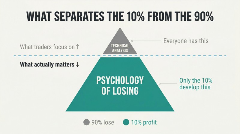 Iceberg diagram showing technical analysis as a small visible tip above water, with the much larger submerged mass representing psychology of losing as the true trading edge.