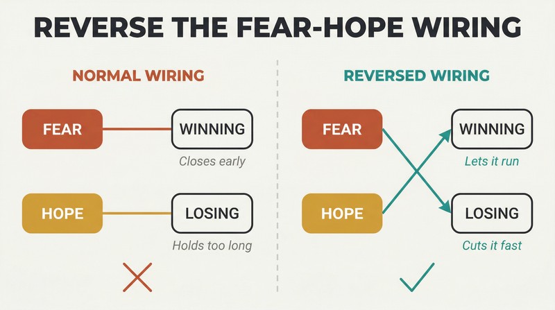 Split panel comparing normal trader wiring where fear pairs with winning and hope pairs with losing, versus reversed wiring where hope pairs with winning and fear pairs with losing.