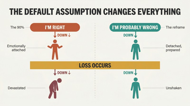 Split panel comparing two trader mindsets where assuming you're right leads to devastation from losses while assuming you're wrong makes losses an expected, manageable event.