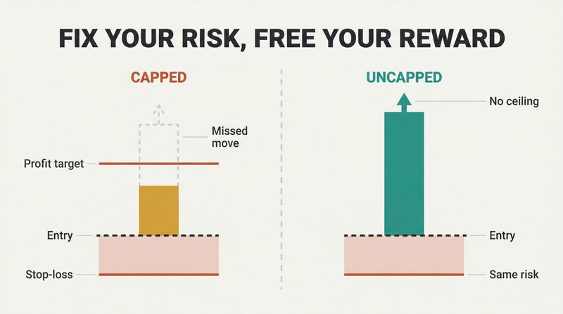 Split panel comparing a capped trade that exits early while price keeps rising versus an uncapped trade that captures the full move above an identical stop-loss.
