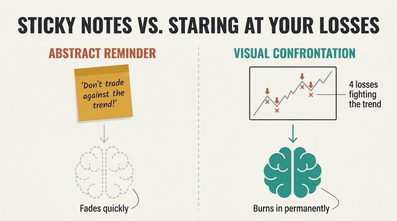 Split panel comparing a Post-it note mantra producing weak neural impact against a chart of plotted losing trades producing deep lasting behavioral change.