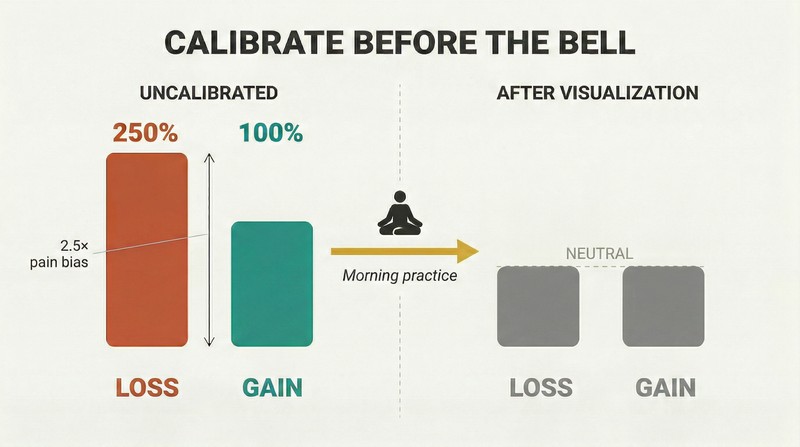 Split comparison showing tall loss bar dwarfing a short gain bar on the left, transforming through morning visualization into two equal neutral bars on the right.