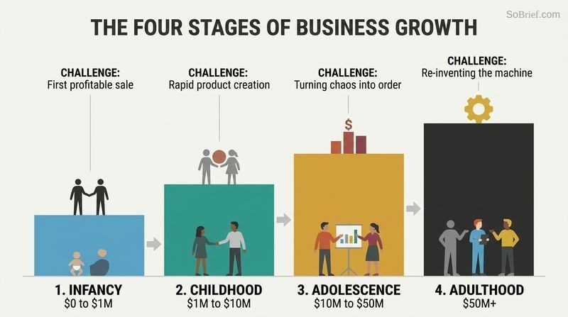Stepped column chart showing 4 stages of business growth from Infancy to Adulthood, mapping revenue brackets to their dominant entrepreneurial challenge.