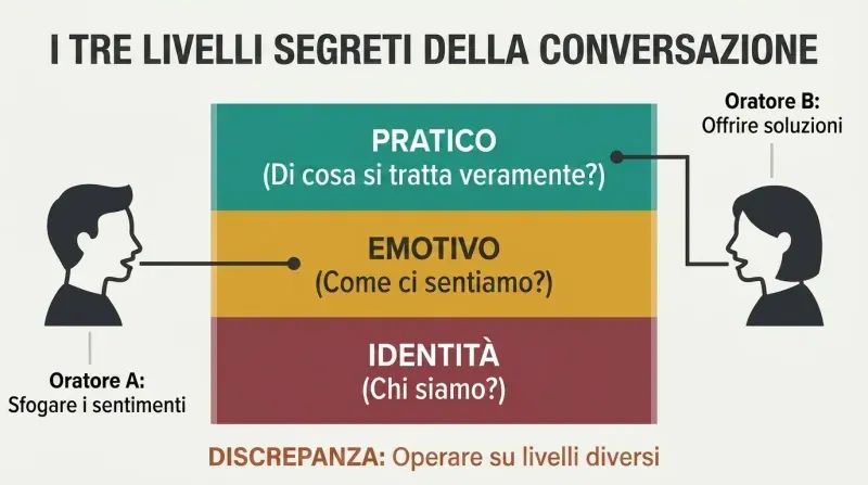 Layered diagram of a conversation stack showing how miscommunication occurs when one speaker talks on the emotional layer while the other responds on the practical layer.