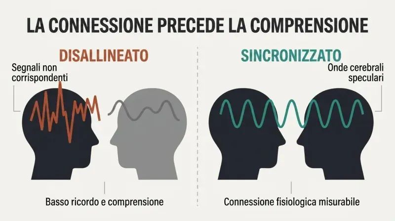 A side-by-side split panel comparison contrasting mismatched, chaotic brainwaves during low comprehension with synchronized, mirrored brainwaves during high neural entrainment.