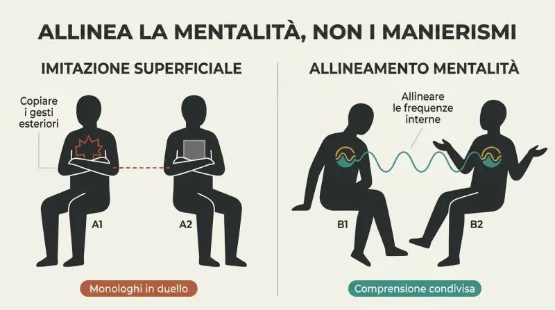 A side-by-side comparison contrasting shallow physical mimicking with deep emotional mindset matching that creates true communication alignment.