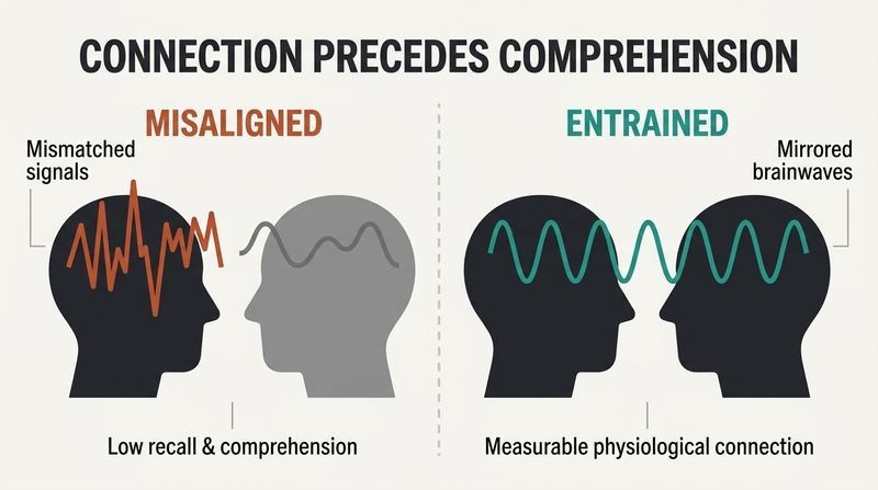 A side-by-side split panel comparison contrasting mismatched, chaotic brainwaves during low comprehension with synchronized, mirrored brainwaves during high neural entrainment.