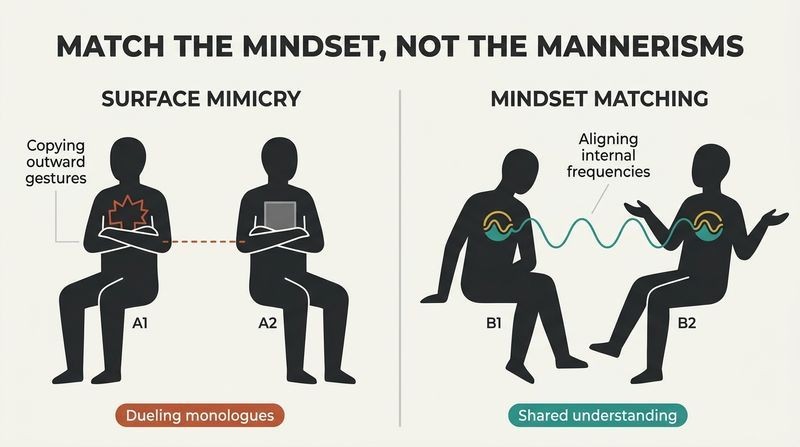 A side-by-side comparison contrasting shallow physical mimicking with deep emotional mindset matching that creates true communication alignment.