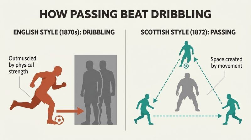 A split-panel diagram contrasting early English football's physical, linear dribbling style with the agile, geometric Scottish passing style that outmaneuvered it.