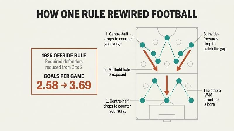 Tactical diagram illustrating how the 1925 offside rule change forced players to drop back, structurally shifting formations from a 2-3-5 pyramid to a stable W-M system.