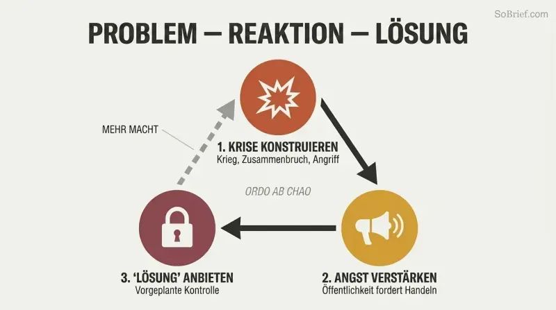 Three-step cycle where an engineered crisis amplifies public fear to justify a pre-planned solution, which loops back to enable the next manufactured crisis.