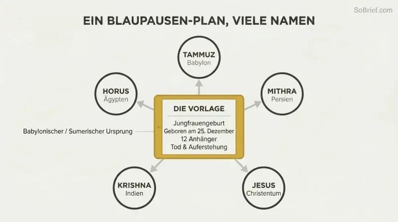 Five divine figures — Horus, Mithra, Tammuz, Krishna, and Jesus — arranged in a pentagon of identical circles, all connected by spoke lines to a central golden-bordered tablet listing shared attributes like virgin birth and resurrection.