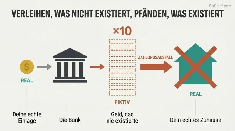 Three-stage horizontal flow showing a small real deposit multiplied tenfold by a bank into fictional lending that seizes a real house upon default.