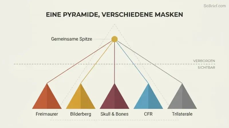 Five differently colored pyramid shapes representing secret societies converge via lines to a single shared gold apex point above a dashed visibility line, revealing hidden unity behind apparent independence.