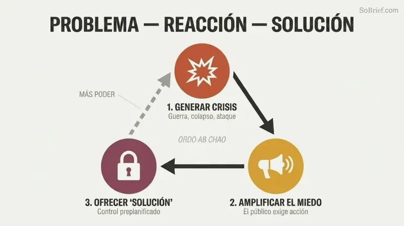 Three-step cycle where an engineered crisis amplifies public fear to justify a pre-planned solution, which loops back to enable the next manufactured crisis.