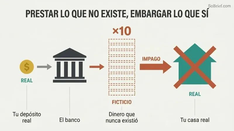 Three-stage horizontal flow showing a small real deposit multiplied tenfold by a bank into fictional lending that seizes a real house upon default.