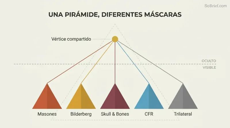 Five differently colored pyramid shapes representing secret societies converge via lines to a single shared gold apex point above a dashed visibility line, revealing hidden unity behind apparent independence.