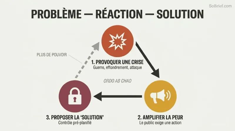 Three-step cycle where an engineered crisis amplifies public fear to justify a pre-planned solution, which loops back to enable the next manufactured crisis.