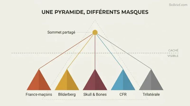 Five differently colored pyramid shapes representing secret societies converge via lines to a single shared gold apex point above a dashed visibility line, revealing hidden unity behind apparent independence.