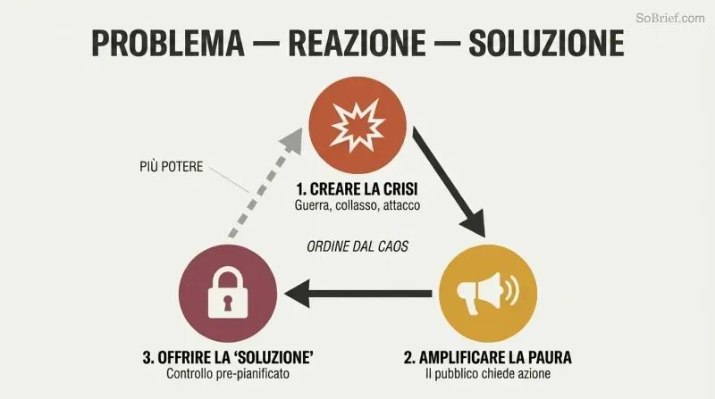 Three-step cycle where an engineered crisis amplifies public fear to justify a pre-planned solution, which loops back to enable the next manufactured crisis.