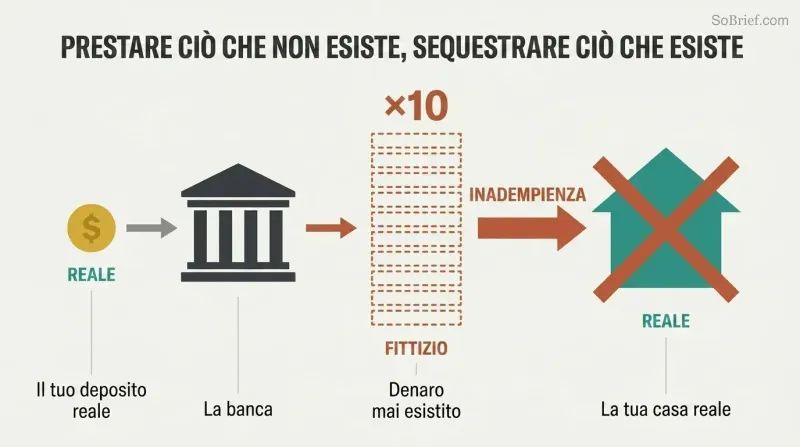 Three-stage horizontal flow showing a small real deposit multiplied tenfold by a bank into fictional lending that seizes a real house upon default.