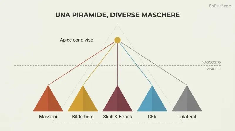 Five differently colored pyramid shapes representing secret societies converge via lines to a single shared gold apex point above a dashed visibility line, revealing hidden unity behind apparent independence.