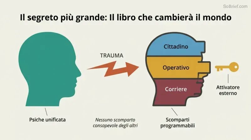 A unified head silhouette transforms through trauma into a filing-cabinet mind with three separately labeled identity compartments and an external key representing programmed control.