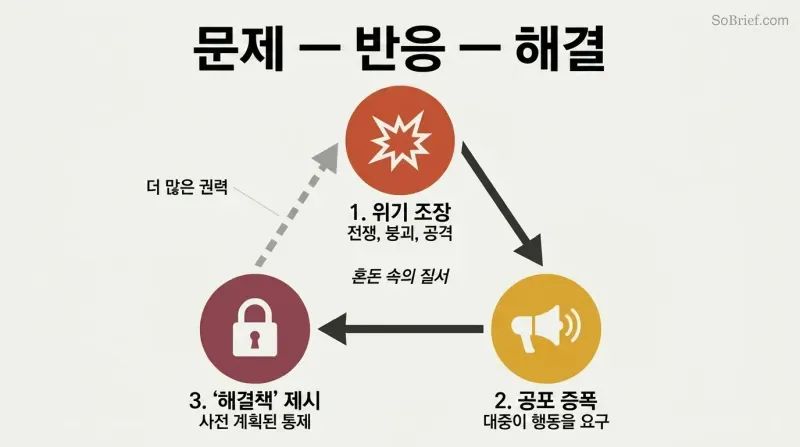 Three-step cycle where an engineered crisis amplifies public fear to justify a pre-planned solution, which loops back to enable the next manufactured crisis.