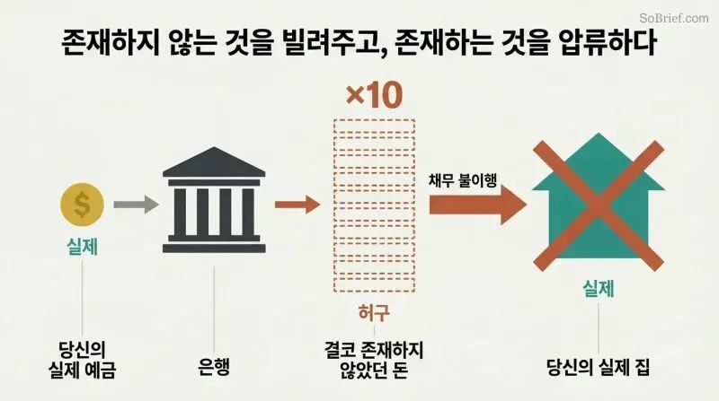 Three-stage horizontal flow showing a small real deposit multiplied tenfold by a bank into fictional lending that seizes a real house upon default.