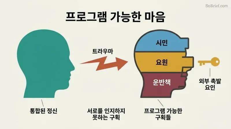 A unified head silhouette transforms through trauma into a filing-cabinet mind with three separately labeled identity compartments and an external key representing programmed control.