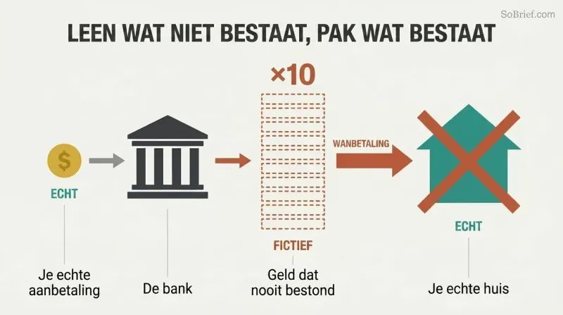 Three-stage horizontal flow showing a small real deposit multiplied tenfold by a bank into fictional lending that seizes a real house upon default.