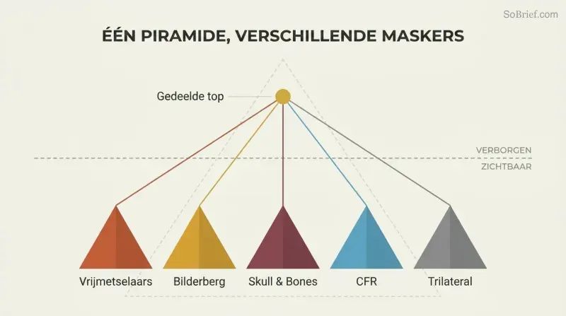 Five differently colored pyramid shapes representing secret societies converge via lines to a single shared gold apex point above a dashed visibility line, revealing hidden unity behind apparent independence.