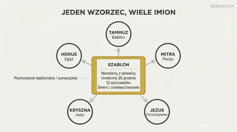 Five divine figures — Horus, Mithra, Tammuz, Krishna, and Jesus — arranged in a pentagon of identical circles, all connected by spoke lines to a central golden-bordered tablet listing shared attributes like virgin birth and resurrection.