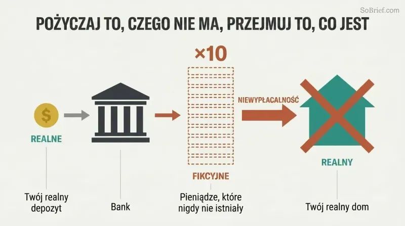Three-stage horizontal flow showing a small real deposit multiplied tenfold by a bank into fictional lending that seizes a real house upon default.