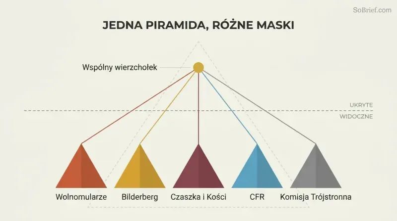 Five differently colored pyramid shapes representing secret societies converge via lines to a single shared gold apex point above a dashed visibility line, revealing hidden unity behind apparent independence.