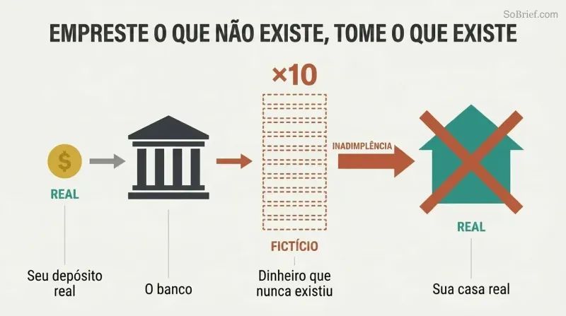 Three-stage horizontal flow showing a small real deposit multiplied tenfold by a bank into fictional lending that seizes a real house upon default.