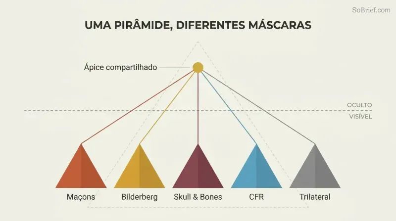 Five differently colored pyramid shapes representing secret societies converge via lines to a single shared gold apex point above a dashed visibility line, revealing hidden unity behind apparent independence.