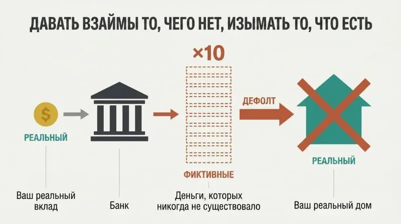 Three-stage horizontal flow showing a small real deposit multiplied tenfold by a bank into fictional lending that seizes a real house upon default.
