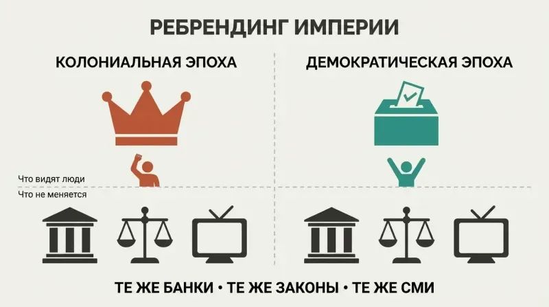 Split panel with a colonial crown and democratic ballot box above a horizontal dividing line, but identical bank, court, and media icons below on both sides.