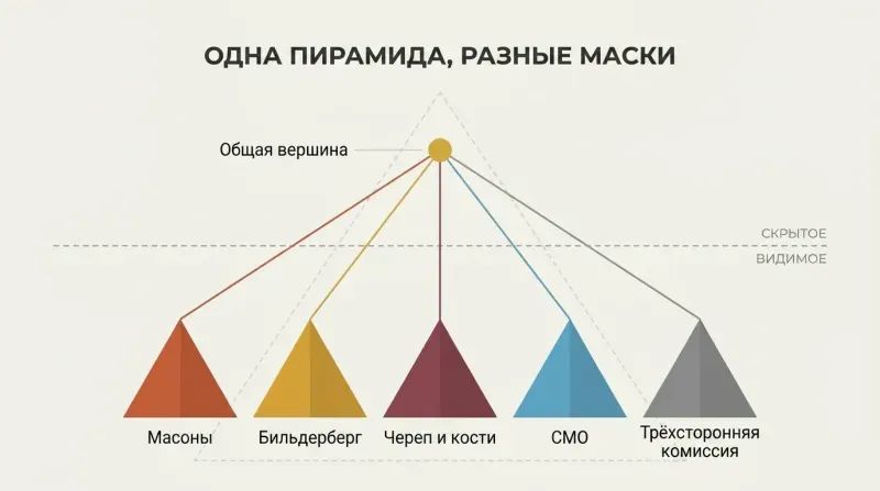 Five differently colored pyramid shapes representing secret societies converge via lines to a single shared gold apex point above a dashed visibility line, revealing hidden unity behind apparent independence.