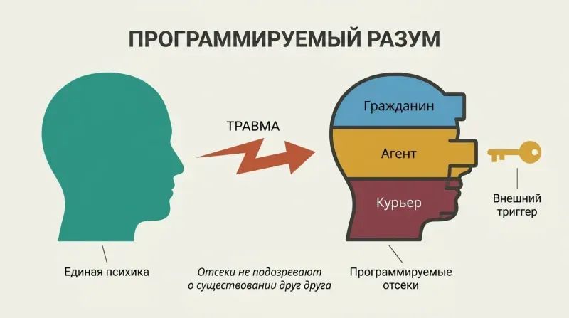 A unified head silhouette transforms through trauma into a filing-cabinet mind with three separately labeled identity compartments and an external key representing programmed control.
